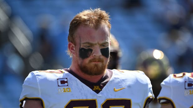 Sep 16, 2023; Chapel Hill, North Carolina, USA; Minnesota Golden Gophers offensive lineman Quinn Carroll (77) on the field before the game at Kenan Memorial Stadium.